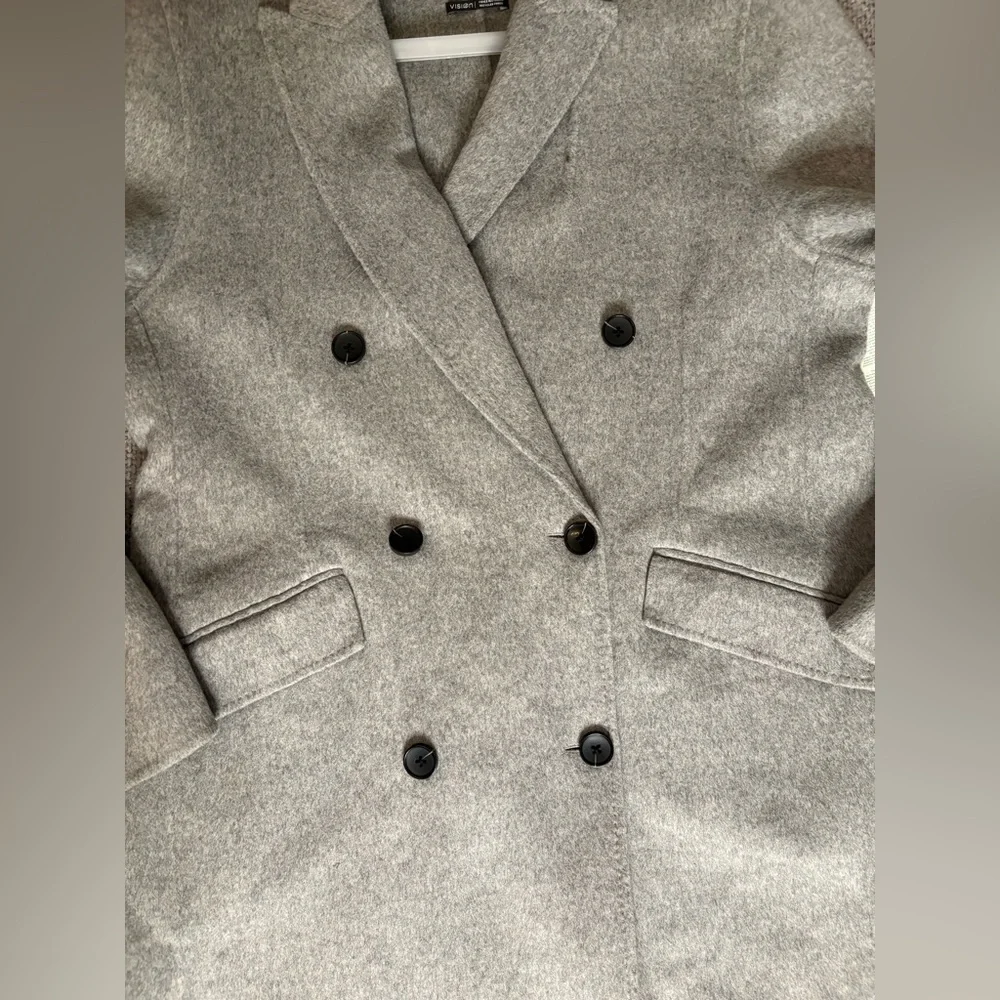 Simons Recycled Wool Blend Gray Double-Breasted Long Overcoat L/XL - Picture 10 of 14
